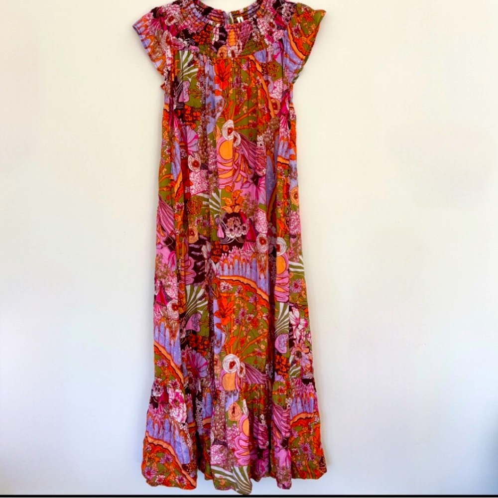 Anthropologie Pink and Orange Ruffled Tiered Maxi Sundress